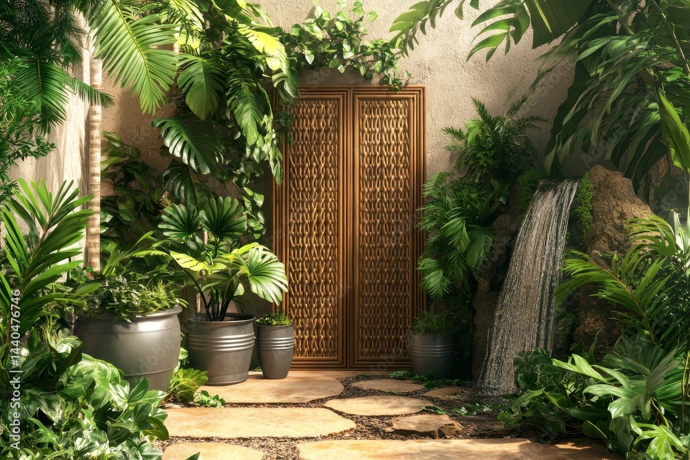Obraz premium Tropical garden walkway with ornate wooden door.