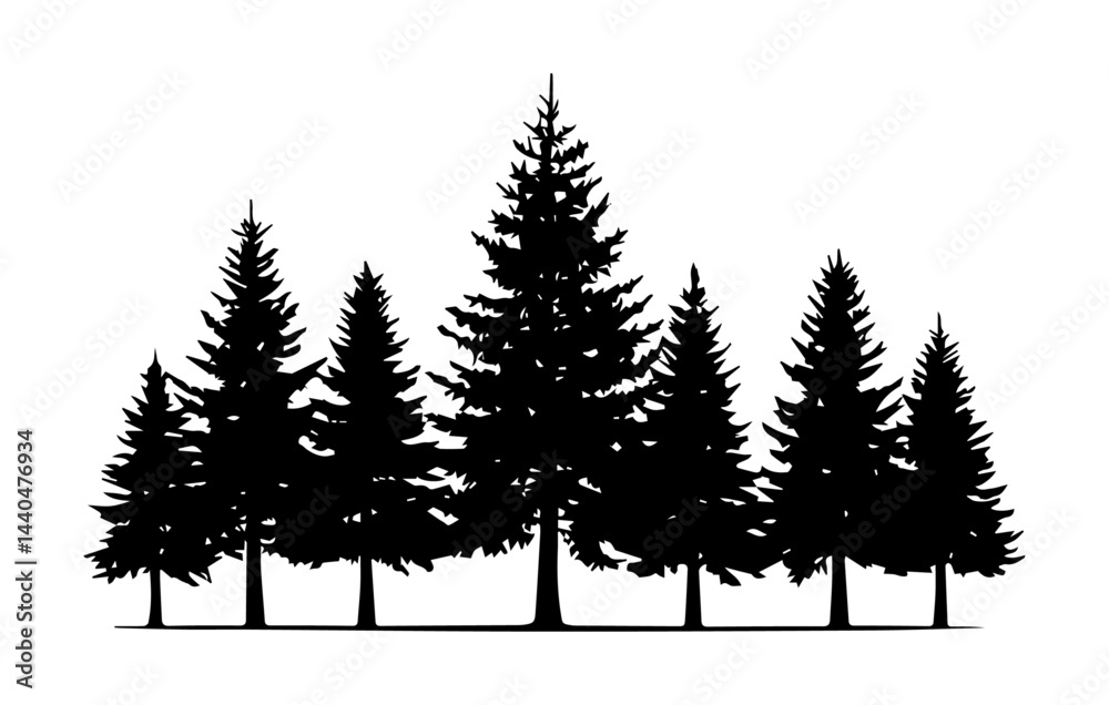 Obraz premium Minimal Pine Tree Forest Silhouette Set, Woodland Design on White, Nature Art Background