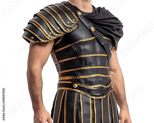 Black and gold Roman-style armor with segmented plates, shoulder guards, and a draped cloth