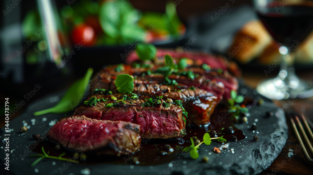 Sliced grilled Wagyu picanha steak served on black slate.