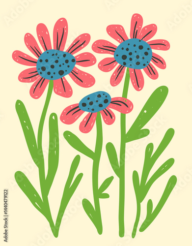 Floral composition with bold bright hand-drawn textured crazy flowers, a ready-made template for funny modern poster or postcard in naive style, vector illustration