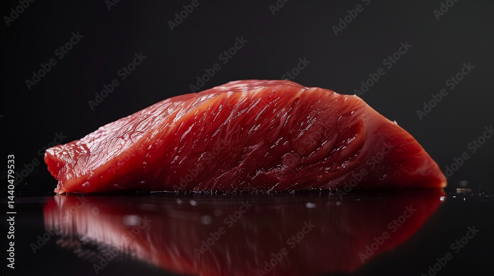 Single piece of raw meat on reflective black surface