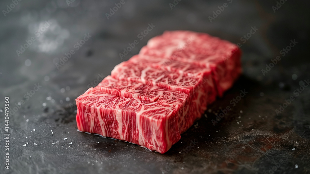 Raw Wagyu beef steak on dark surface with salt.