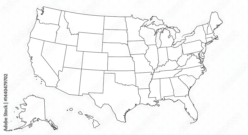 Fototapeta premium Outlined Map of the Country with State Borders on White