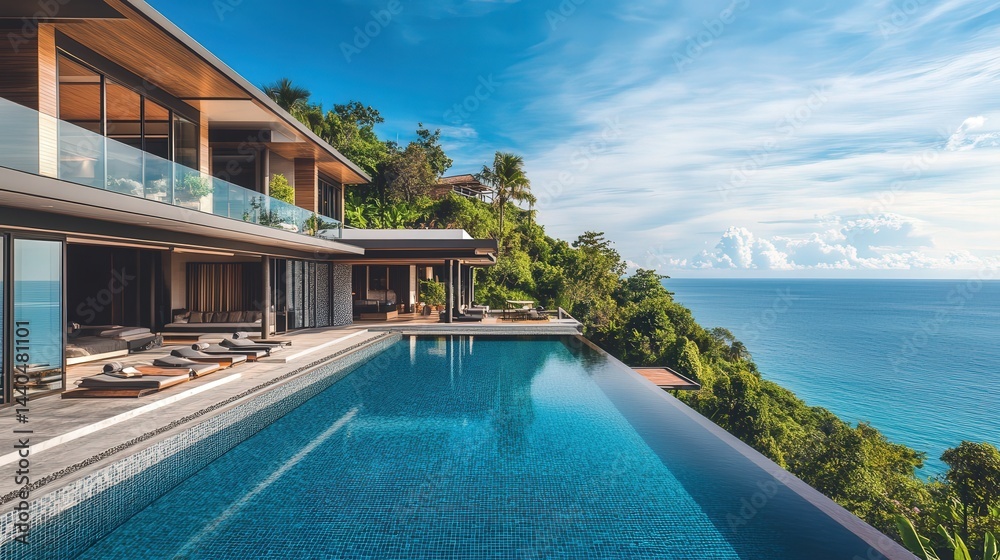 Fototapeta premium the cliff edge features an infinity pool that merges effortlessly with the horizon, presenting stunning views of the endless sea.