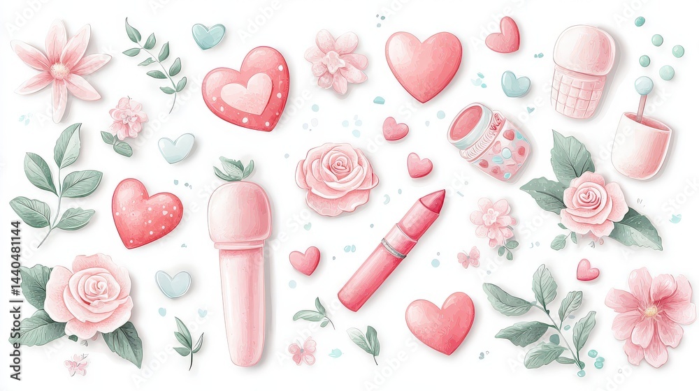A set of girly stickers including hearts, lipsticks, and cute accessories in soft pastels. Mood: fun and feminine A set of girly stickers including hearts, lipsticks, and cute accessories in soft pastels. Mood: fun and feminine