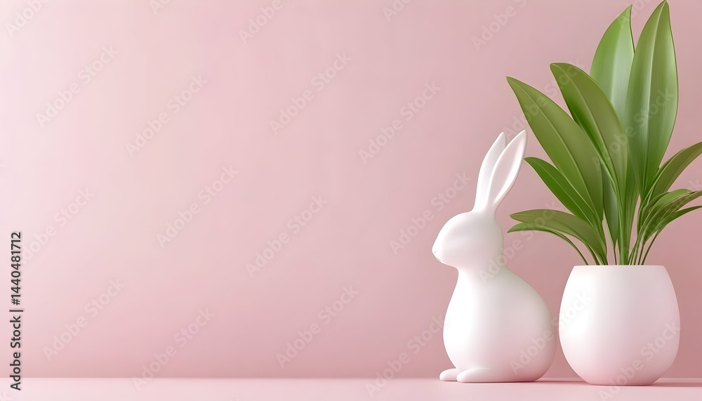 custom made wallpaper toronto digitalA white rabbit figurine sits beside a potted green plant against a pale pink background
