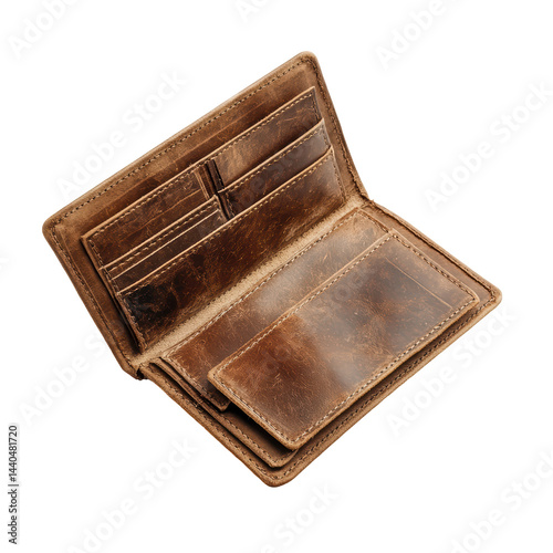 Isolated Open Brown Leather Wallet with Pockets