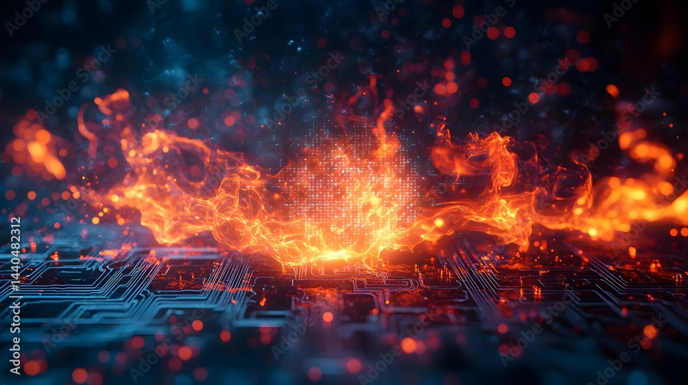 Modern Firewall Graphic with Circuits for Tech Art Modern Firewall Graphic with Circuits for Tech Art