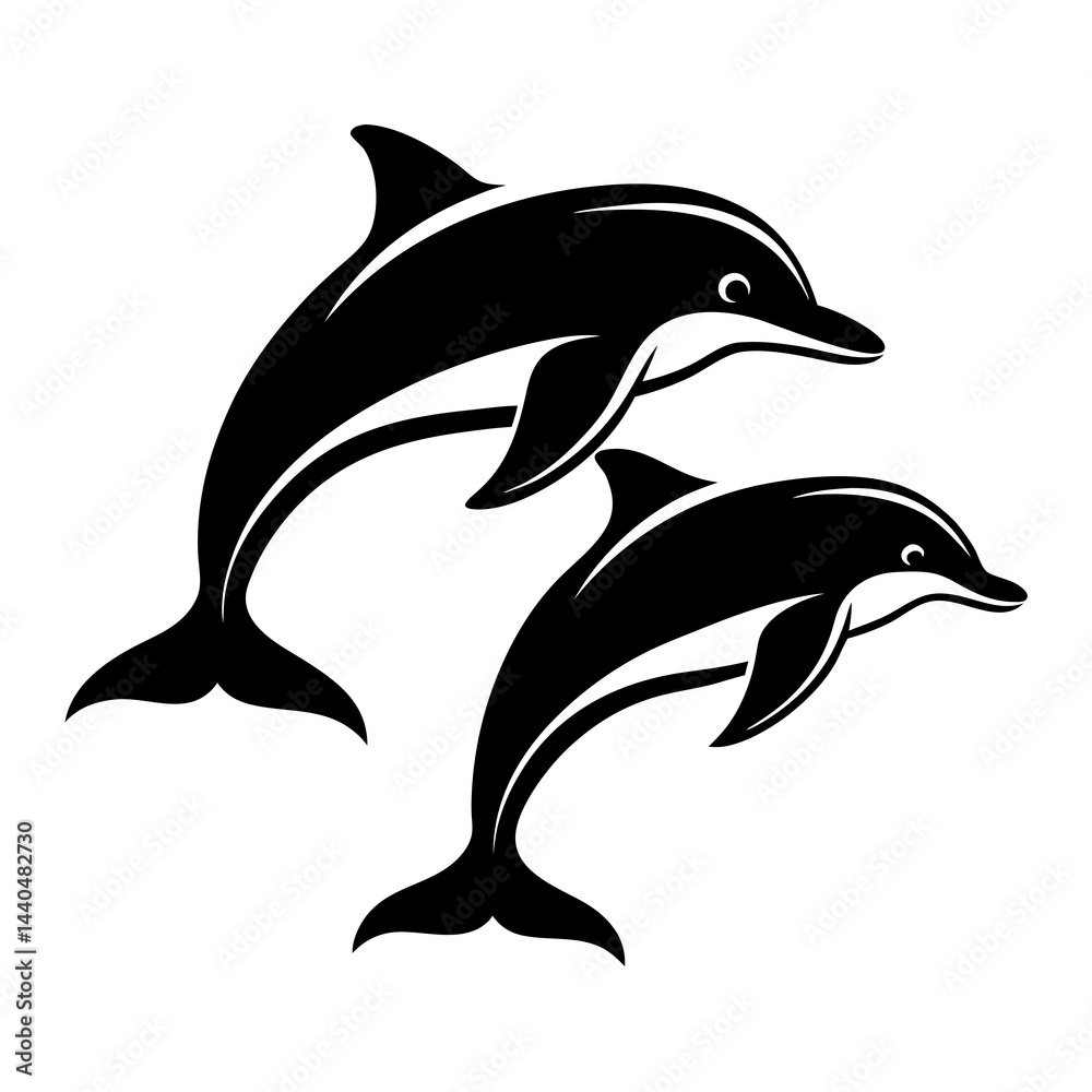 Fototapeta premium Black and white silhouette of two dolphins jumping in the ocean