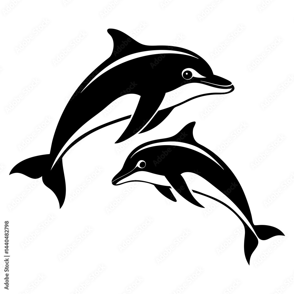 Naklejka premium Black and white silhouette of two dolphins jumping in the ocean