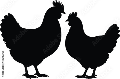 Two black chicken silhouettes graphic farm animals poultry livestock hen illustration for design projects