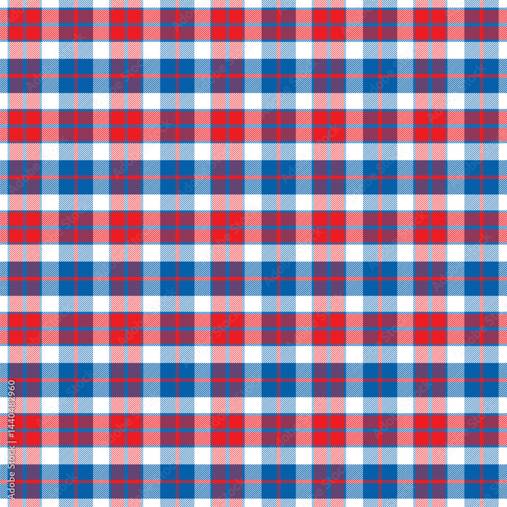 Plaid with twill weave repeat pattern.Gingham checkered tartan seamless pattern in blue red white.Vector illustration texture background design for fabric and prints. Plaid with twill weave repeat pattern.Gingham checkered tartan seamless pattern in blue red white.Vector illustration texture background design for fabric and prints.
