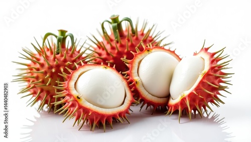 Exotically Spiked: A Close-Up of Vibrant Rambutan Fruit with Smooth White Flesh on a Clean White Background, Ready to Be Enjoyed.