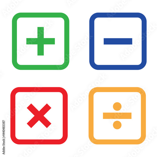 Basic math symbol outline icon set vector on white background. Plus, minus, multiply, divide icon symbol vector on white background