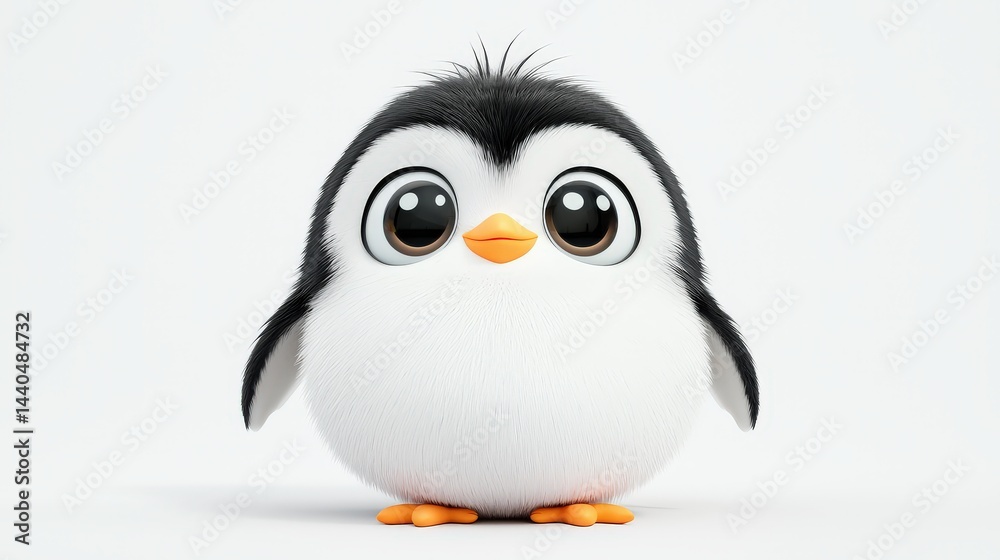 Fototapeta premium A tiny kawaii penguin with round eyes and stubby wings, centered on a clean white background. Innocent and cheerful