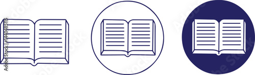 Line drawing, open book icon, simple geometric shapes, circular design, navy blue and white color scheme, minimalist illustration, educational symbol, reading concept,