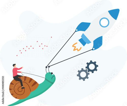Businessman riding a snail while pulling a rocket with ropes, illustrating the dynamic interplay between slow progress and rapid growth in startup development and innovation

