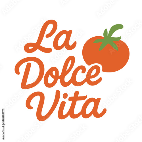Cartoon lettering La Dolce Vita with red tomato icon in flat doodle style on white background.
