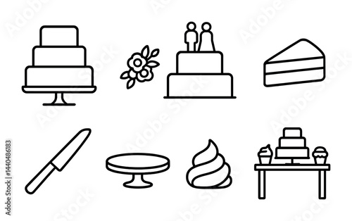 Wedding icons set – outline style for celebrations and events: cake, flowers, couple figurine, slice, knife, cake stand, frosting, dessert table.