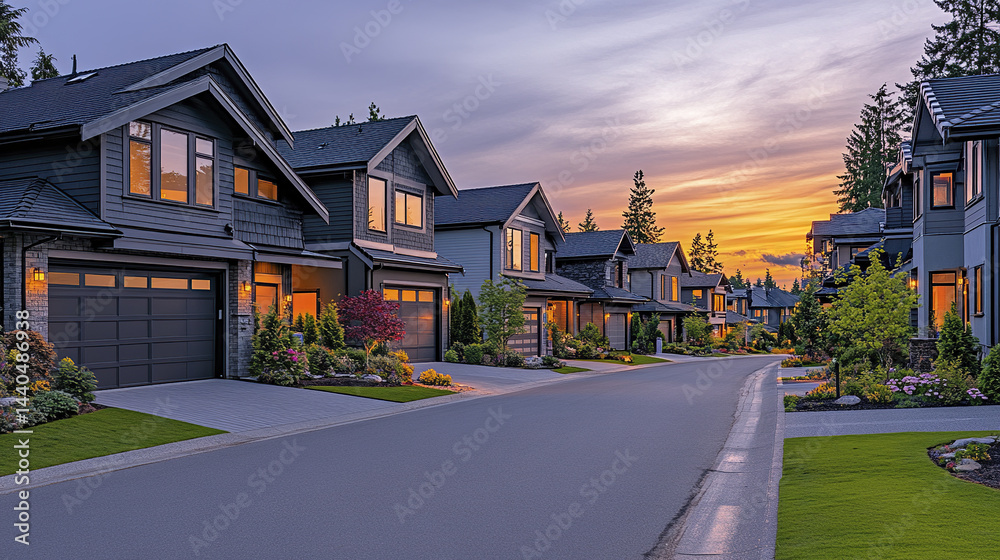 Modern houses line serene suburban street sunset, showcasing varied exteriors and lush gardens