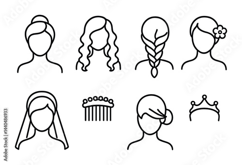 Hairstyle outline icons set — linear beauty, salon, and self-care symbols for fashion and styling: bun, curls, braid, flower, veil, comb, updo, tiara.