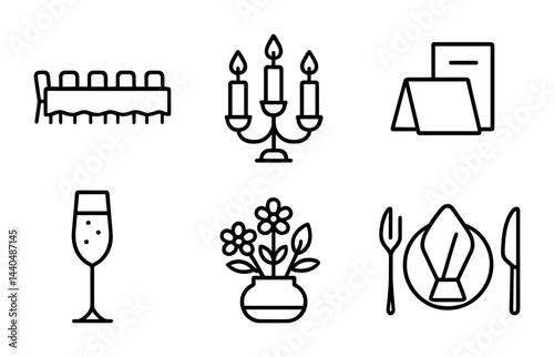 Event planning line icons set - outline style celebrations, parties, and gatherings: banquet table, candle holder, menu card, champagne glass, flowers, dining setup
