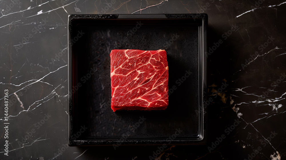 Square-cut raw Wagyu steak centered in black marble tray