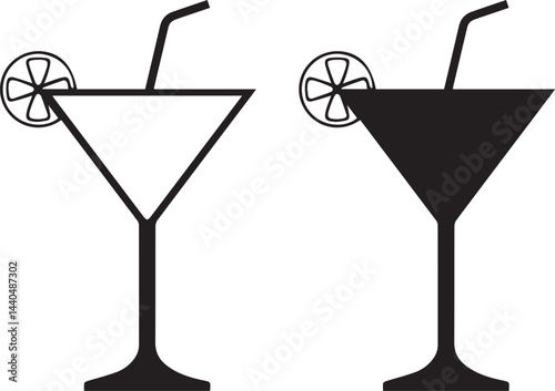 Cocktail glasses silhouette, martini glasses icon, black and white illustration, minimalist drink design, citrus wheel garnish, cocktail straws, symmetrical composition,