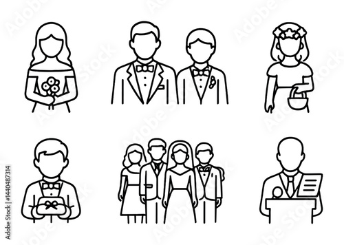 Wedding and ceremony outline icons set – linear style marriage, bridal, and celebration symbols for event planning: bride, groom, flower girl, ring bearer, officiant, wedding party.
