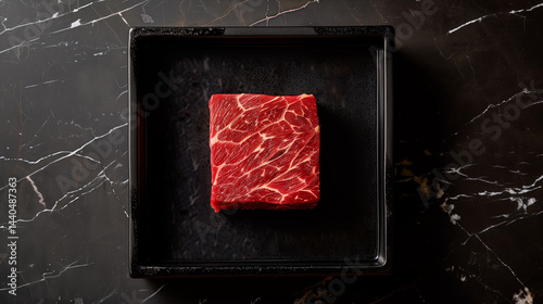 Obraz na płótnie Square-cut raw Wagyu steak centered in black marble tray w salonie