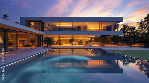 Wallpaper Mural Modern house with large glass facade, pool, and sunset lighting creates serene atmosphere Torontodigital.ca