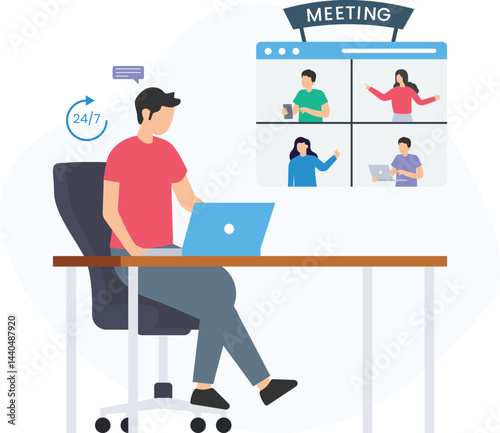 Office worker participating in an online meeting with colleagues, using a laptop in a home office, embracing remote work and staying connected 24/7 through technology and communication

