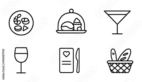 Culinary delights outline icons set – flat style food, drink, and dining symbols for restaurant menus: pizza, cloche, martini glass, wine glass, menu, bread basket