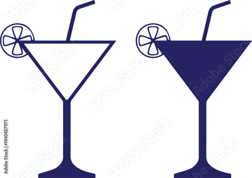 Minimalist cocktail glasses, martini silhouettes, blue and white color scheme, geometric shapes, simple line art, cocktail umbrella, drink icons, beverage illustration, clean design,