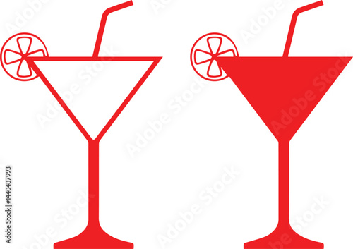 Cocktail glasses, martini silhouettes, red and white contrast, simple graphic design, minimalist illustration, beverage icons, party symbols, drink outlines, straw and lemon slice