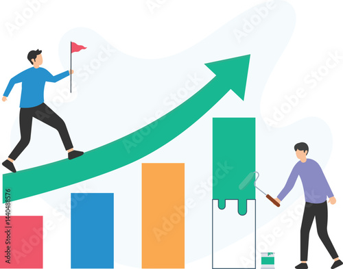 Businessman holding a flag walking upward trend, symbolizing achieving business goals, while another businessman painting a growth chart indicating progress and improvement


