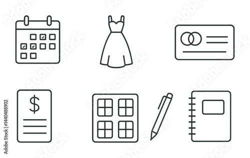 Simple linear personal organizer icons set – flat style productivity, planning, time management symbols: calendar, dress, credit card, invoice, window, pen, notebook.