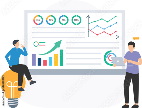 Two business people are cooperating and analyzing growing statistics, charts and pie graphs on a presentation, brainstorming new ideas for a successful marketing campaign

