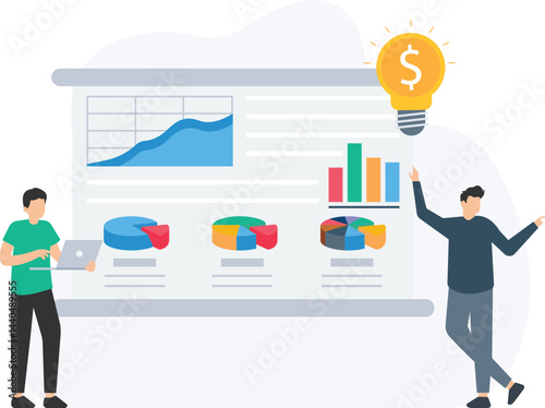 Two businessmen collaborating on a project, analyzing financial charts and graphs on a large screen, with a lightbulb symbolizing innovative ideas for maximizing profits

