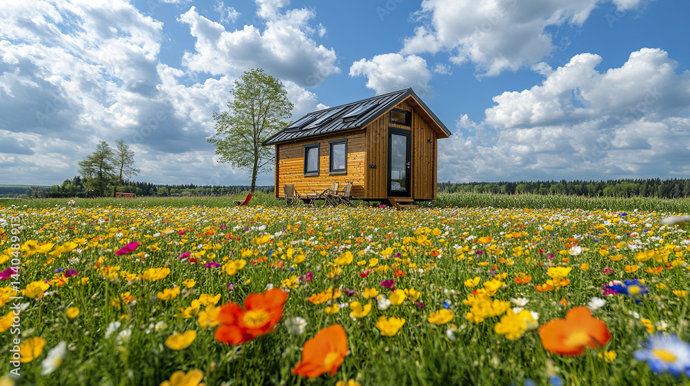 Obraz premium tiny rental home surrounded by vibrant flower field spring, evoking sense of tranquility