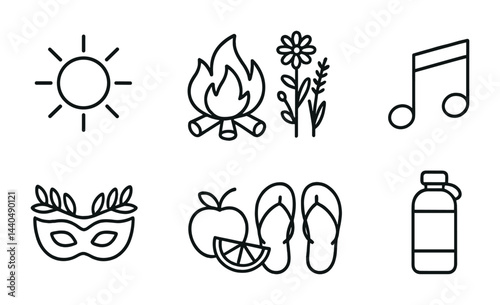 Summer festival outline icons – flat style music, outdoors, and celebration symbols for event planning: sun, campfire, flowers, music note, mask, fruit, flip-flops, water bottle.