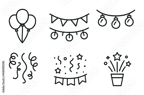 Celebration and party line icons set – outline style for festive, jubilant, and event décor symbols: balloons, bunting, string lights, streamers, confetti, fireworks, garland.