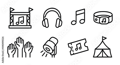 Music festival outline icons set – linear style for events, concerts, and party design: stage, headphones, music note, wristband, hands up, spotlight, ticket, tent.