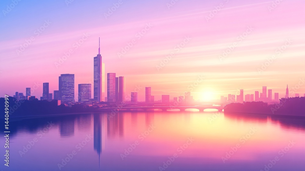 Obraz premium Colorful skyline at sunset, modern buildings reflected in water, serene atmosphere with vibrant hues, perfect for relaxation themes.
