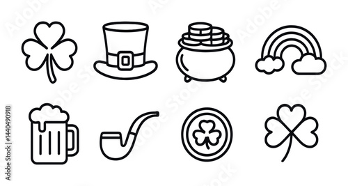St. patrick's day outline icons set – linear style irish holiday, celebration, and culture symbols: shamrock, leprechaun hat, coins, rainbow, beer, pipe, clover, coin