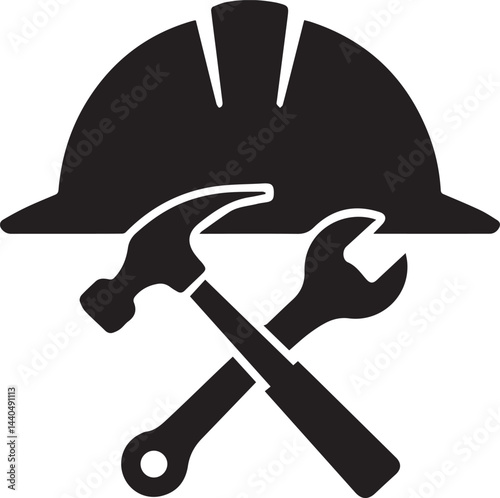 helmet with wrench and hammer icon over white background, silhouette style, vector illustration