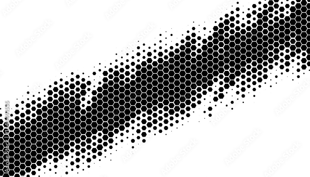 Black and white abstract halftone pattern with hexagon shape transition for sporty and modern background. Vector Format Illustration 