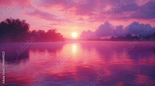 Pink Sunset Landscape Illustration