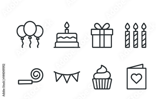 Birthday celebration outline icons set – linear style party, festive, and event symbols for design: balloons, cake, gift, candles, horn, bunting, cupcake, card.